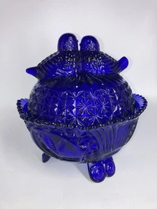 Vintage Hofbauer Cobalt Blue Love Birds Glass Lid & Dish Heavy Large No Chips - Picture 1 of 14