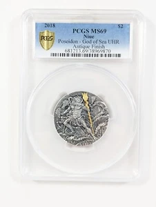 2018 Niue Poseidon ~ God of Sea 2 $ UHR 2 Unzen Silber Antik Finish PCGS MS69 - Bild 1 von 4