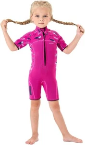 GoldFin Hot Pink Sea Creatures Half Zip Neoprene Shorty Wetsuit Kid Child Size 2 - Picture 1 of 5
