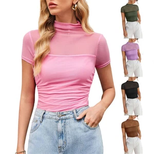 Ladies Summer Sexy High Neck Slim Fit Short Sleeve Blouse Lace T-shirt Tee Tops - Picture 1 of 9