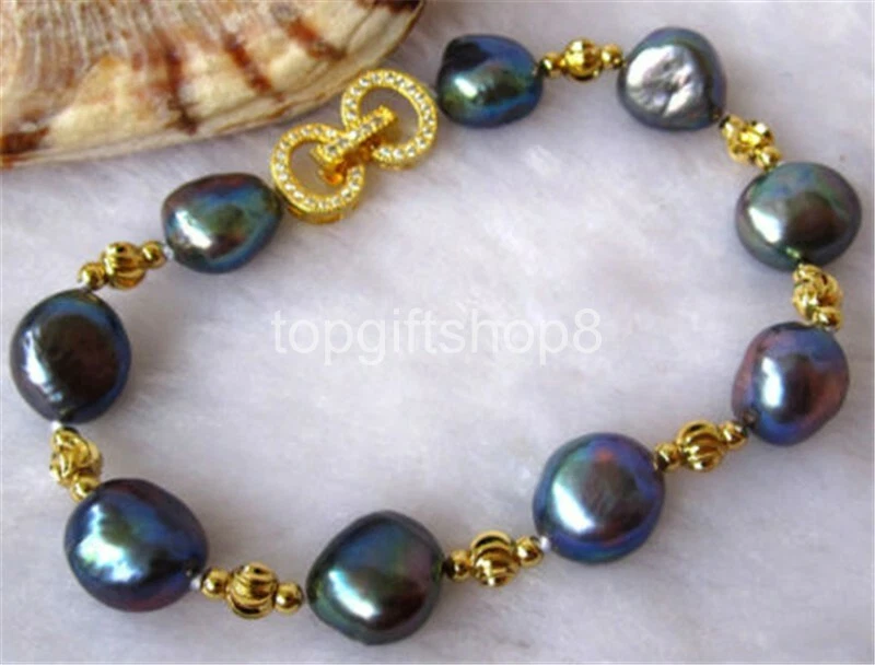 Brazalete de cuentas de color dorado con perlas de agua dulce barroco pavo real negro de 8" 11-13 mm Foto 1 de 1