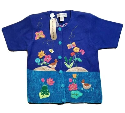 Victoria Harbour小号开衫毛衣蓝色春季花卉蝴蝶鸭青蛙 — 第 1/4 张图片