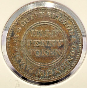 1812 GREAT BRITAIN HALF PENNY BRISTOL SAMUEL GUPPY LONDON EMERGENCY W-513 SP5005 - Picture 1 of 2