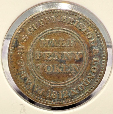 1812 GREAT BRITAIN HALF PENNY BRISTOL SAMUEL GUPPY LONDON EMERGENCY W-513 SP5005 - Image 1 of 2