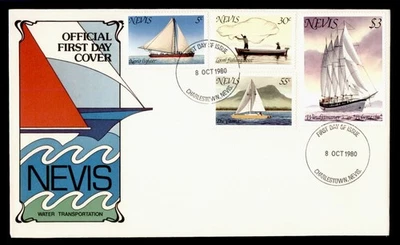DR WHO 1980 NEVIS FDC 水上运输教练组合船 $3 M46107 — 第 1/2 张图片