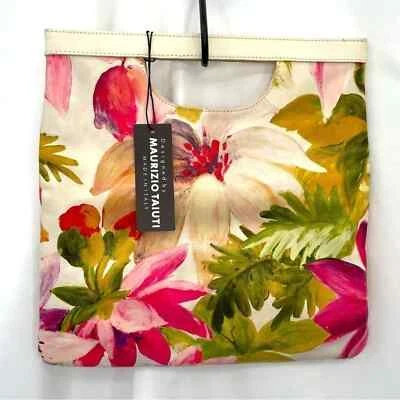 Maurizio Taiuti Genuine Leather Fold Clutch Floral Pink White Cut Out Handles - Image 1 of 4