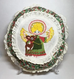 Vtg Crewel Round Pillow Angel with Rudolph The Red Nosed Reindeer 11” Dia. READ - Picture 1 of 6