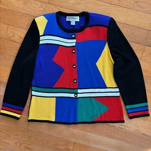 VTG Eric Steven Sweater Womens 14 Geometric Colorblock Button Cardigan USA 90's - Picture 1 of 7