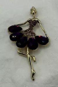 Ballerina W Purple & Clear Rhinestone Dress Gold Tone Body Pin Brooch - Picture 1 of 2