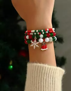 Fashion Jewelry Snowflake Red Bells Acrylic Beaded Bracelet - Picture 1 of 12