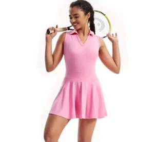 Women's 2 In 1 Pink Tennis Breathable Tank Dress With Built In Shorts, Pockets - Picture 1 of 8
