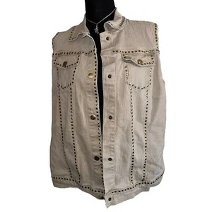 Diane Gilman vintage grunge Khaki Beige button front Denim Studded Vest Size 1x - Picture 1 of 9