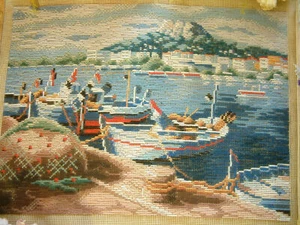 TRAMME PREWORKED Needlepoint Tapestry Beautiful Sunny Seashore Boats HandCrafted - Picture 1 of 6