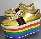 Gucci 10 MM Peggy Gold Platform Rainbow High Stack Sneaker Wedge Size 38.5