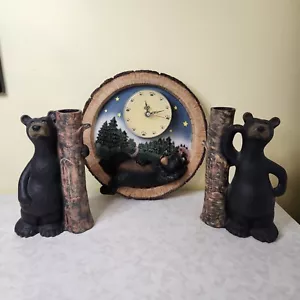 Black Bear Woodland Style Wall Clock Cabin Lodge & Candle Sticks h2 - Picture 1 of 4