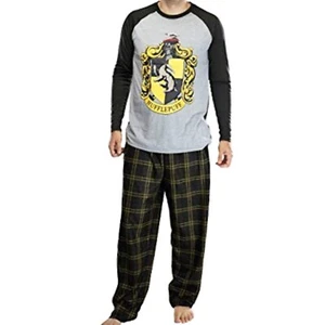 Harry Potter Men's Pajama Set Hufflepuff Gray Olive Green Plaid Medium - Picture 1 of 2