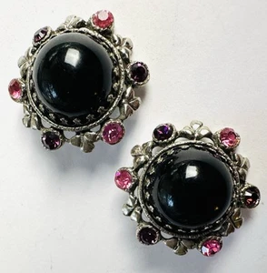 Orecchini Vintage Selro Selini Rosa e Strass Lampone Nero Cabochon Non Firmati - Foto 1 di 5