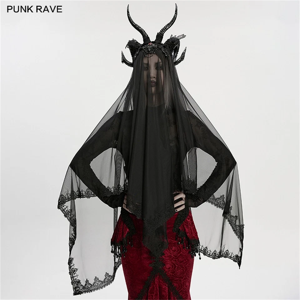 Punk Rave Mujeres Negro Gótico Steampunk Sombrero Fiesta Demonio Cuerno Encaje Velo  Foto 1 de 4