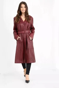 Women's Long Trench Coat Belted Button Closer Casual Wear Slim Fit Real Leather - Picture 1 of 9