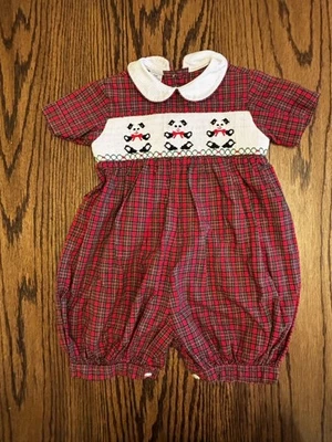 Vive La Fete plaid tartan panda Hand Smocked Bubble Romper 12 months Boys - Image 1 of 4