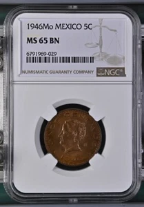 1946Mo Mexico 5 Centavos NGC MS65BN - Picture 1 of 2