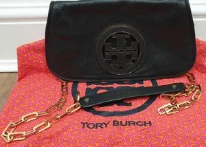 TORY BURCH Navy Black Leather Gold Tone Detachable Shoulder Strap Clutch Bag - Picture 1 of 9