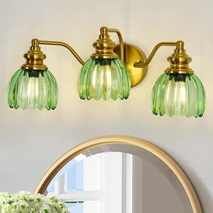 Vintage Bathroom Light Fixtures Gold Vanity Light with Green Glass LampShade ... - Picture 1 of 9