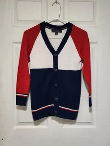 Tommy Hilfiger Sweater Cardigan Girls Size 8-10 Youth Kids Red Blue White Button - Picture 1 of 3