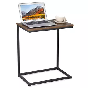 C Shaped End Table Under Sofa Tray for Snack Laptop TV Dinner Rustic Brown Black - Picture 1 of 24