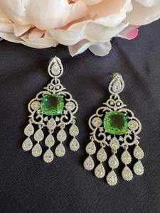Simulated 52.79 TCW Cushion Peridot & Round Sapphire Women's Engagement Earrings - Picture 1 of 8