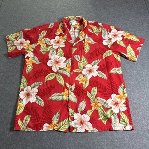Vintage TWO PALMS Hawaiian Tiki Shirt Red Flowers Island Made in Hawaii Size L - Picture 1 of 8