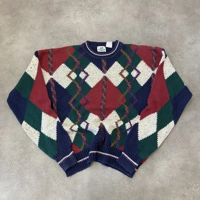 Van Heusen Sweater Mens XL Argyle Chunky Knit Diamond Vintage Cosby Jumper, Mult - Image 1 of 4