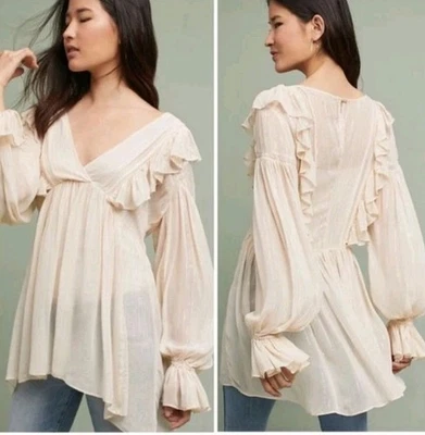 Top túnica metálica con volantes Anthropologie Boho para mujer 6 marfil manga larga Fairycore Foto 1 de 4