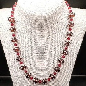 Burgandy Raspberry Red Rondelle Glass Bead Necklace Lampwork Statement Spotty - Picture 1 of 11