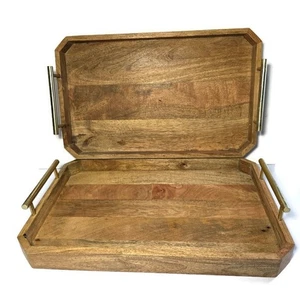 Set Of 2 West Elm 12"x19" Wooden Tray with Brass Handles - Picture 1 of 11
