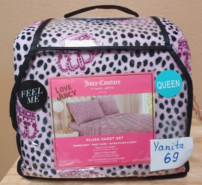 Juego de sábanas de felpa suave Juicy Couture Queen 4 piezas estampado de guepardo y coronas rosa/negro Foto 1 de 4