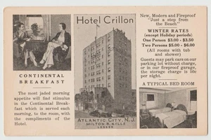 HOTEL CRILLION Interno Camera da Letto Colazione B&W Atlantic City NJ Cartolina DB - Foto 1 di 2