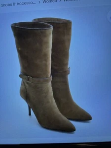 Damas Polo Ralph Lauren Zoe $528 Medio Pantorrilla Stiletto Botas 7.5 B Marrón Gamuza - Imagen 1 de 7