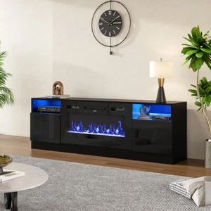 178cm 70in Modern TV Stand Cabinet Unit w/ 36in Electric Fire w/LED Lights Black - Picture 1 of 17