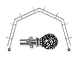EMOH Adjustable 4-Sided Double Bay Window Curtain Rod Satin Nickel w/ Finial - Picture 1 of 2