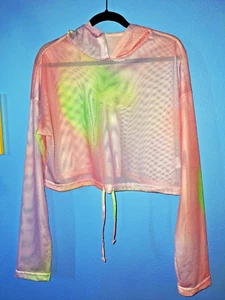 NEW Rainbow Fishnet Mesh Pull over Hoody Athletic Top Shirt Drawstring Waist XL - Picture 1 of 5