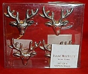 ISAAC MIZRAHI Set /4 Festive Holiday Pewter-tone Metal Napkin Rings Reindeer NEW - Picture 1 of 7