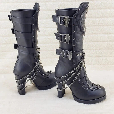 Crypto 67 Coffin Skull & Chain Black Mid Calf Platform Heel Gothic Boots NY - Image 1 of 4