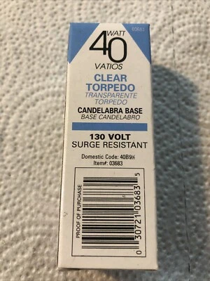 Abco Clear Torpedo Lamp Light Bulb 40W 130V Surge Resistant Candelbra Base 03683 - Image 1 of 4