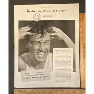 Anuncio impreso vintage Listerine antiséptico caspa hombre lavado cabello años 40 efímero - Imagen 1 de 1