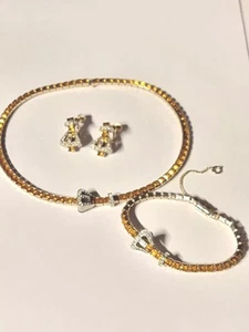 Art Deco Glass Rhinestone Flexible Gold Tone Buckle Necklace Bracelet Earrings - Picture 1 of 24