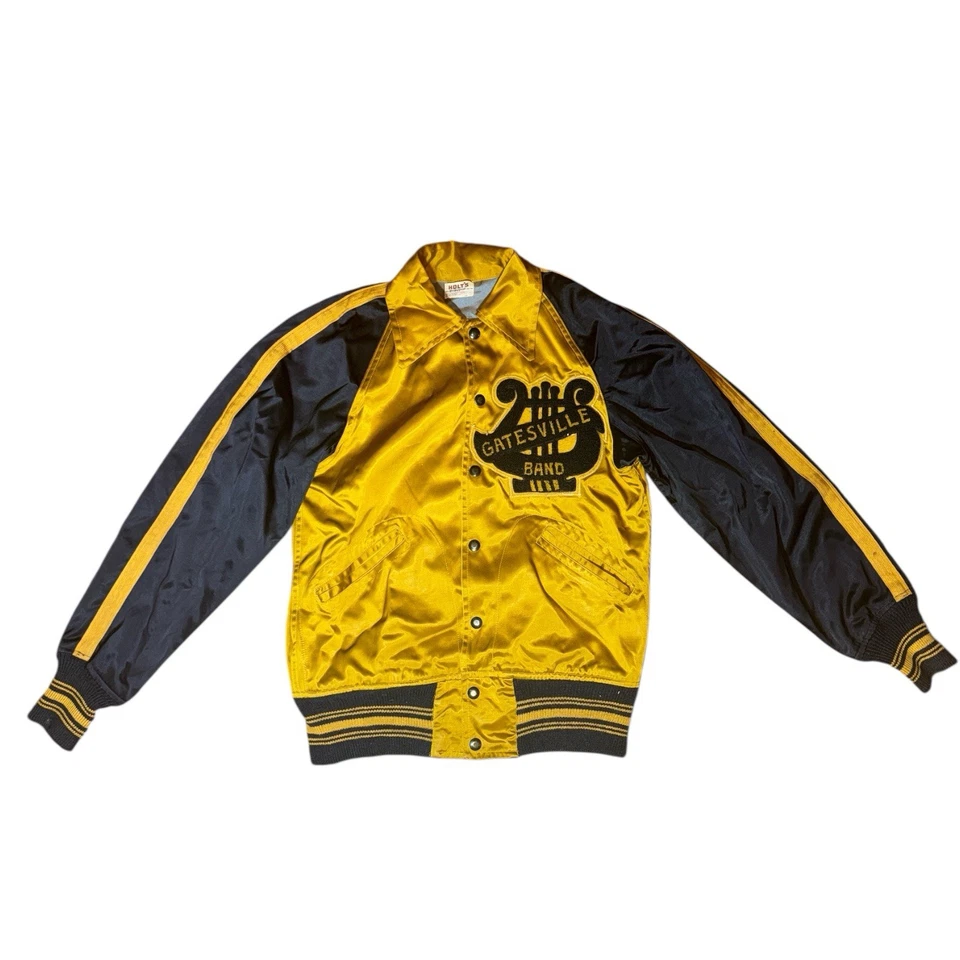 Chaqueta Letterman vintage de los años 50 negra y dorada satinada timbre pequeño de colección verdadera Foto 1 de 4
