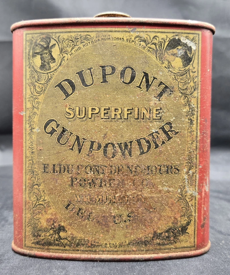 Antigua lata de metal de pólvora superfina DuPont 19 de septiembre de 1910, 1/2 lb tamaño FF G Foto 1 de 4