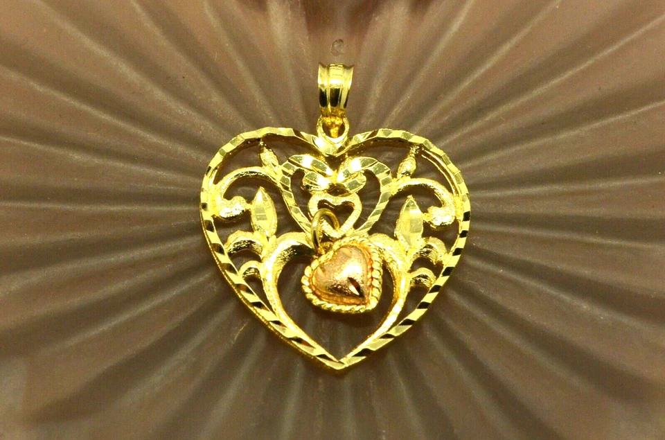 14K Yellow Gold filigree heart pendant charm w/ dangling rose gold heart - Image 1 of 4