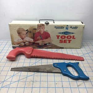 VINTAGE HANDY ANDY BLUE DIAMOND TOOL SET TIN TOOL BOX With Saws No 630 (B) - Picture 1 of 12